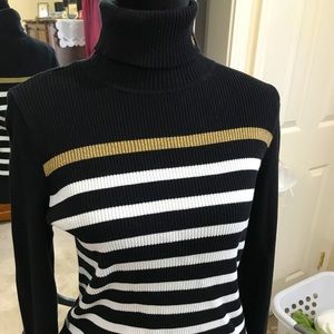Ralph Lauren Black White & Gold Stripe Turtleneck Sweater